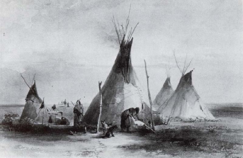 Karl Bodmer Lederzelte der Assiniboins nabe Fort